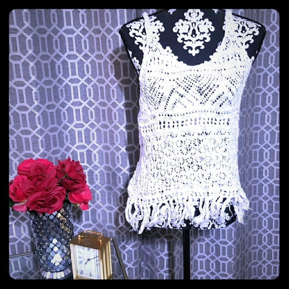 [Coachella Ready!] White Crochet Fringe Tank